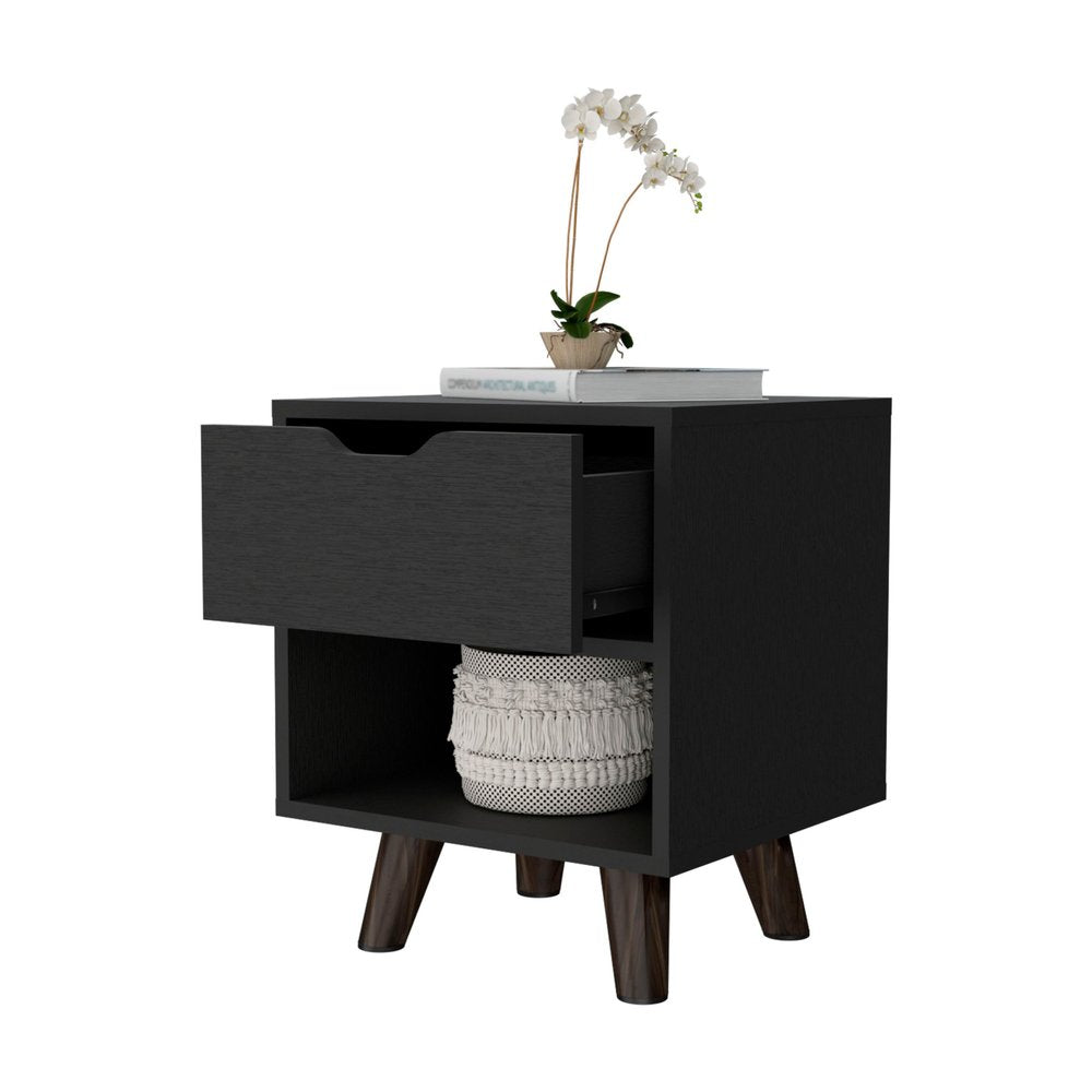 19" Black Wood One Drawer Nightstand