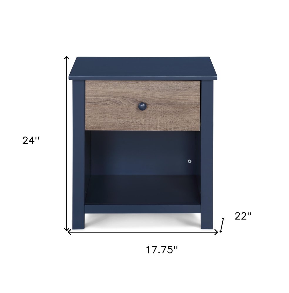 24" Blue Solid Wood and Wood One Drawer Nightstand