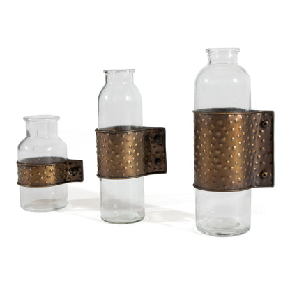 Set of Three Clear and Bronze Hammered Cylinder Metal and Glass Table Vase