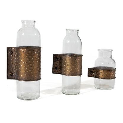 Set of Three Clear and Bronze Hammered Cylinder Metal and Glass Table Vase