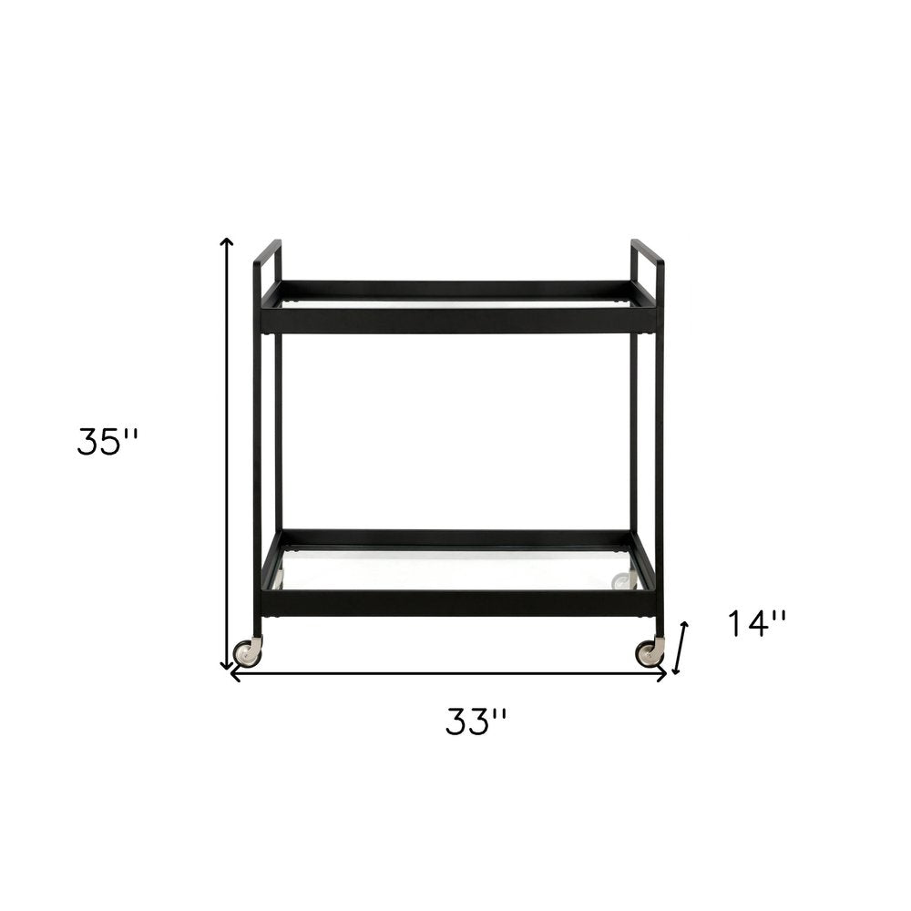 33" Black Steel and Glass Rolling Bar Cart