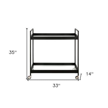 33" Black Steel and Glass Rolling Bar Cart