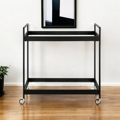 33" Black Steel and Glass Rolling Bar Cart