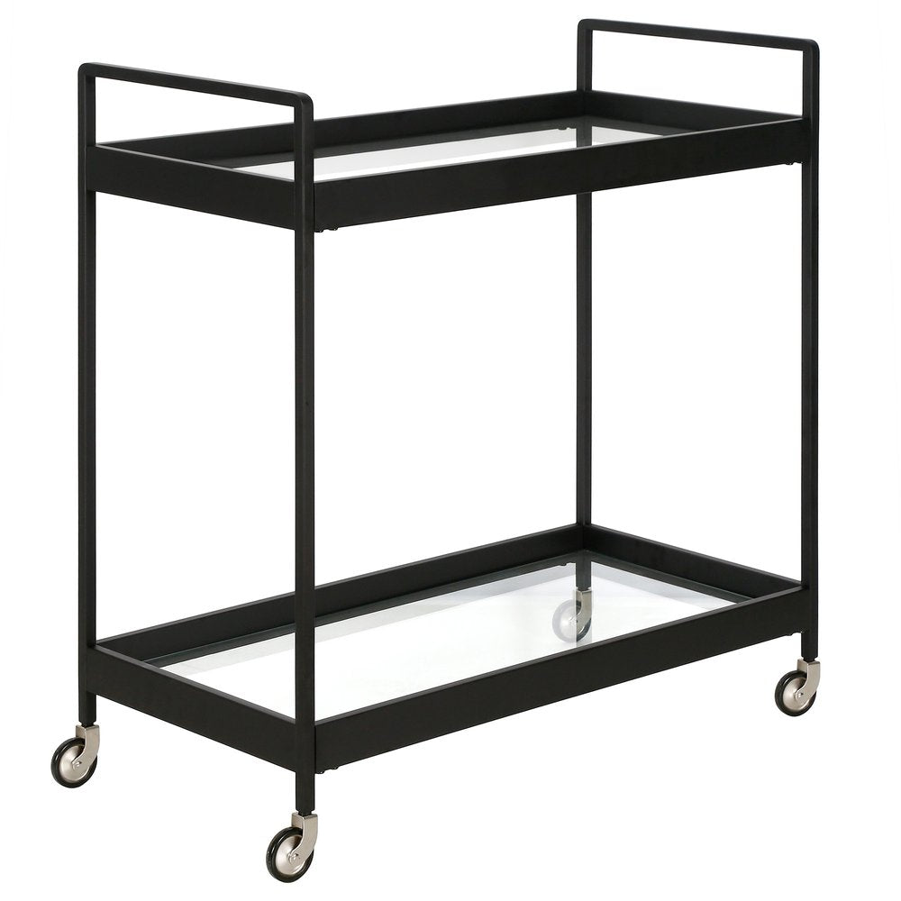 33" Black Steel and Glass Rolling Bar Cart