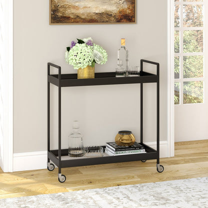 33" Black Steel and Glass Rolling Bar Cart