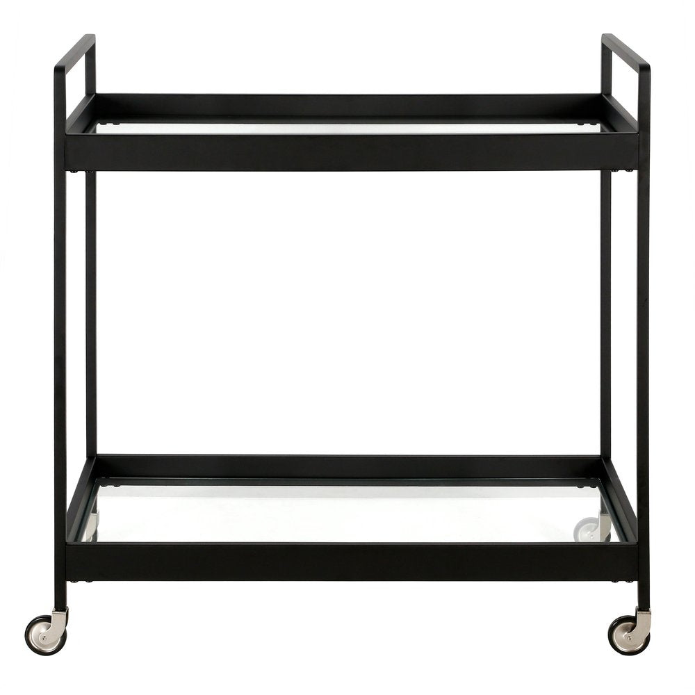 33" Black Steel and Glass Rolling Bar Cart