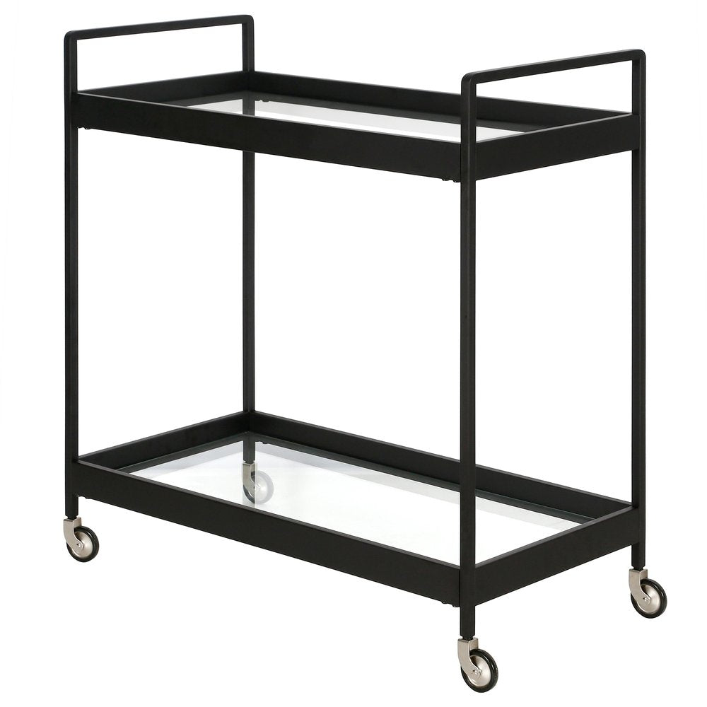 33" Black Steel and Glass Rolling Bar Cart