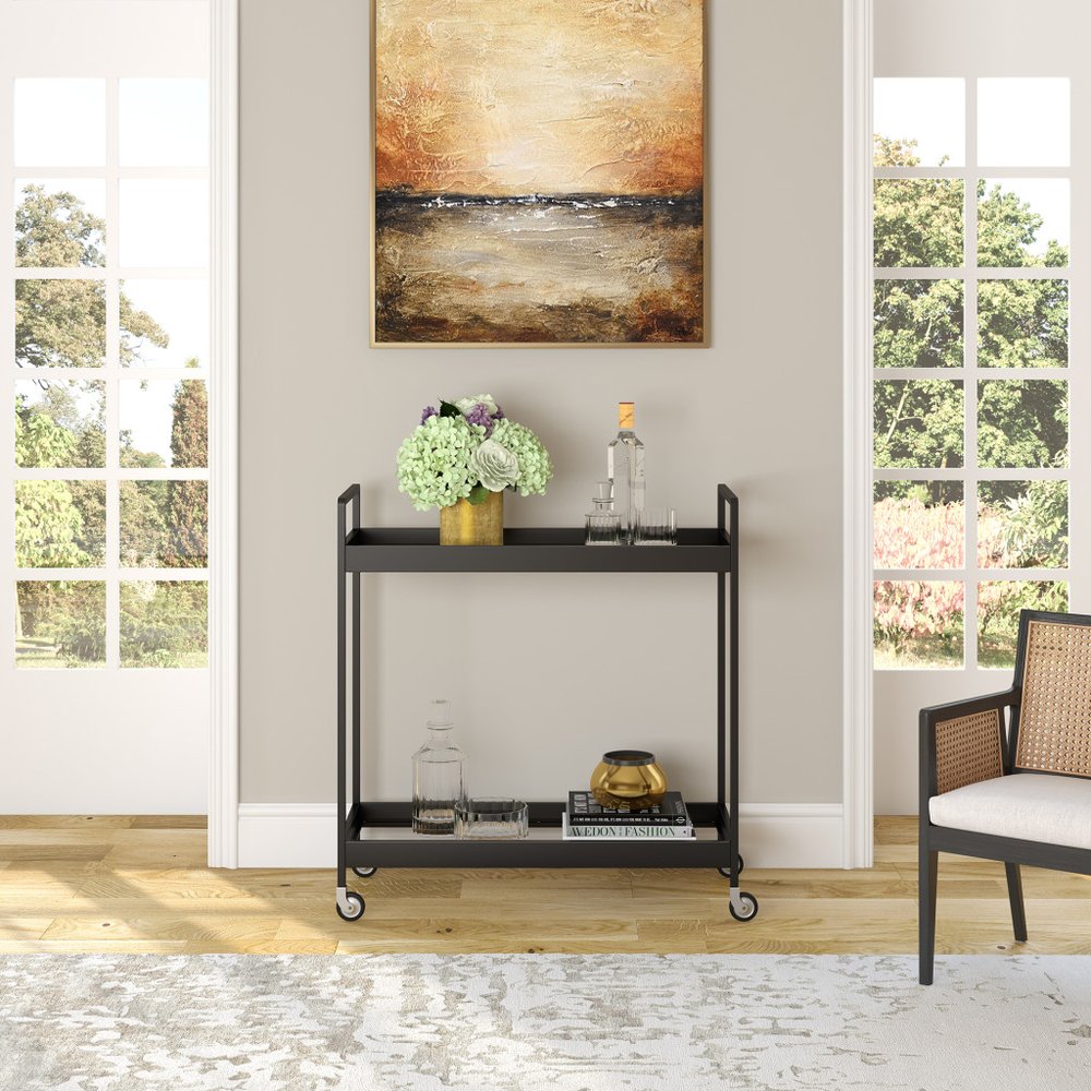 33" Black Steel and Glass Rolling Bar Cart