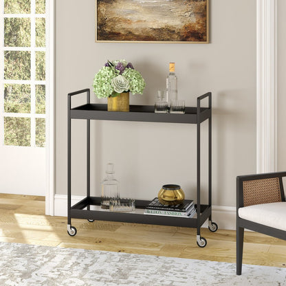 33" Black Steel and Glass Rolling Bar Cart