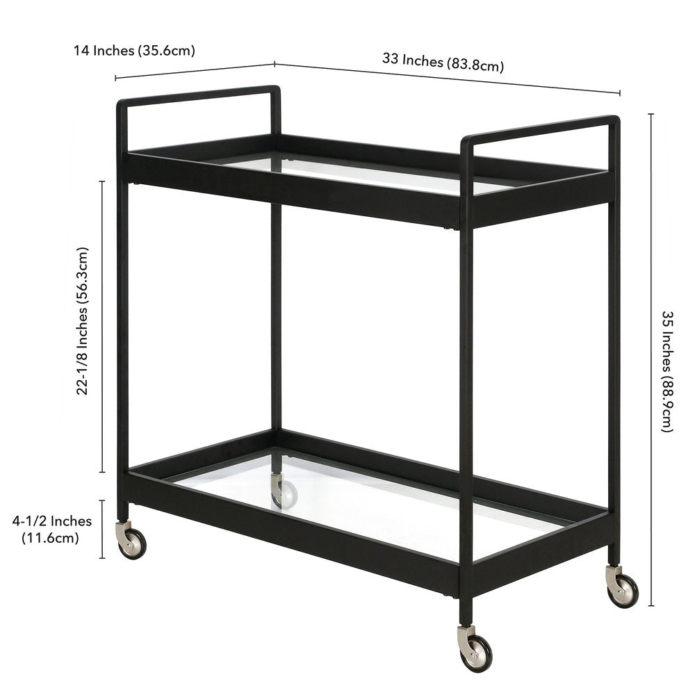33" Black Steel and Glass Rolling Bar Cart