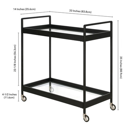 33" Black Steel and Glass Rolling Bar Cart