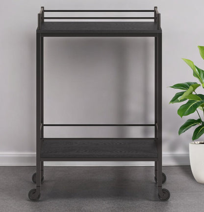23" Black Steel and Wood Rolling Bar Cart