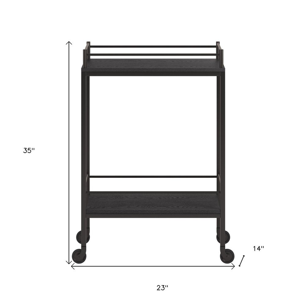 23" Black Steel and Wood Rolling Bar Cart