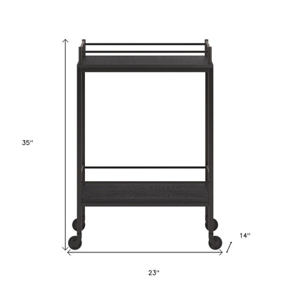 23" Black Steel and Wood Rolling Bar Cart