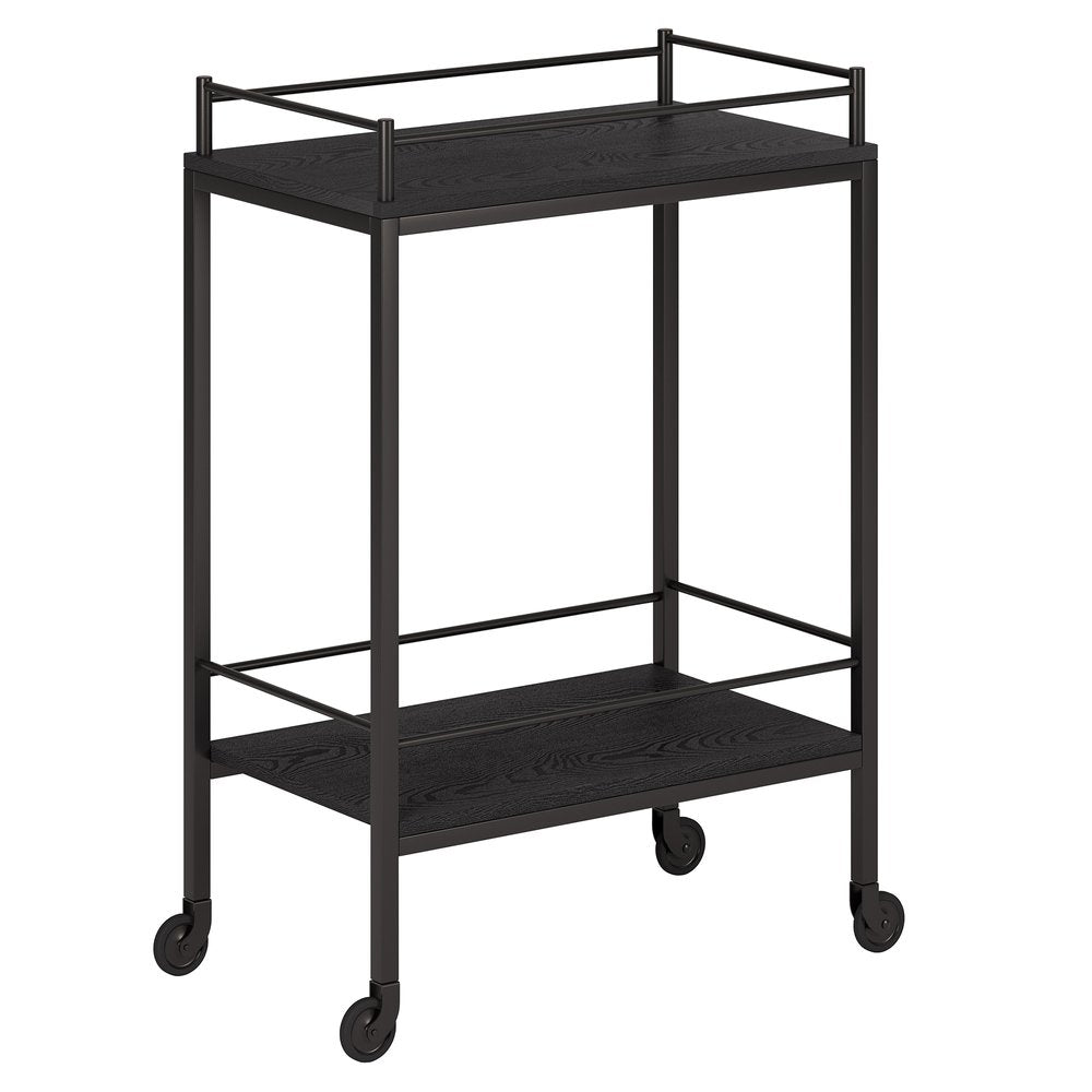 23" Black Steel and Wood Rolling Bar Cart