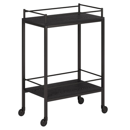 23" Black Steel and Wood Rolling Bar Cart