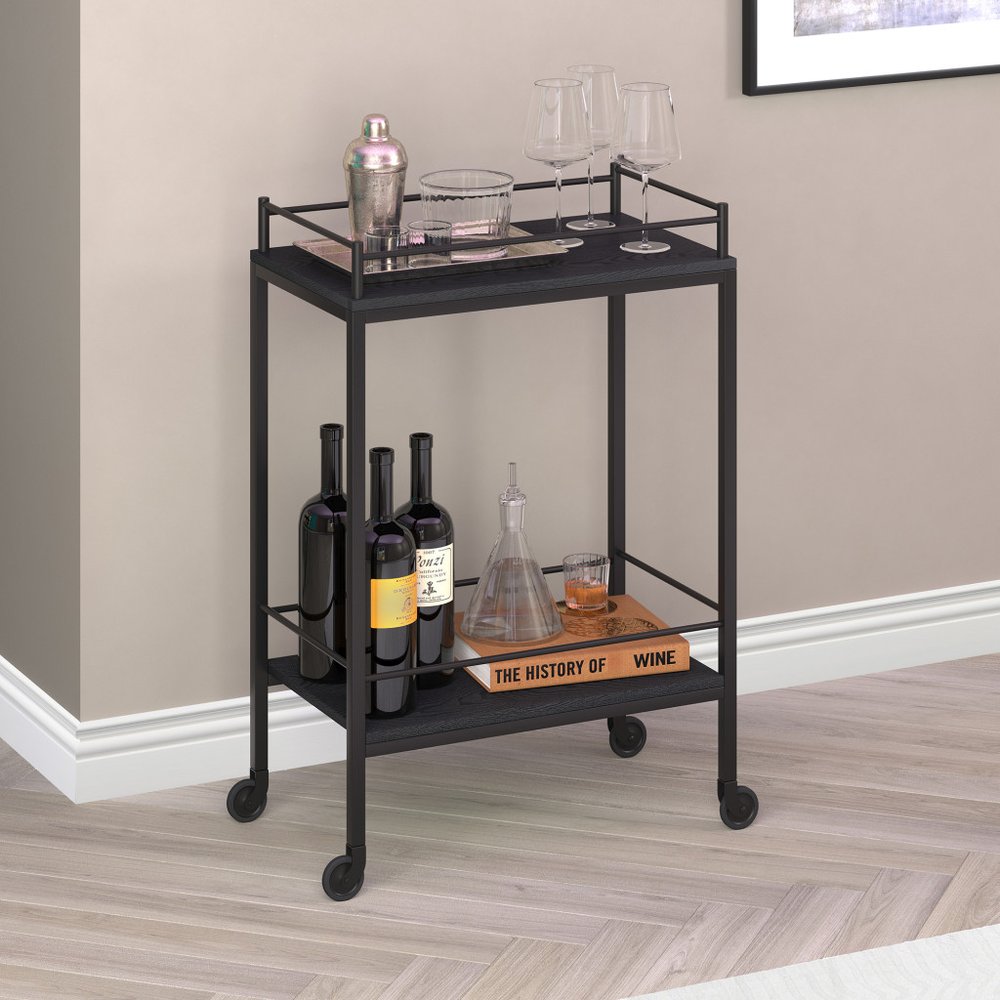 23" Black Steel and Wood Rolling Bar Cart