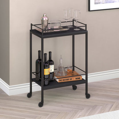 23" Black Steel and Wood Rolling Bar Cart