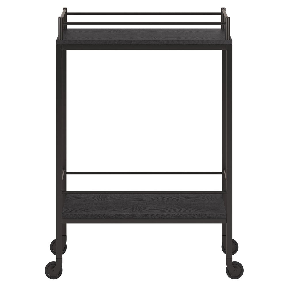 23" Black Steel and Wood Rolling Bar Cart