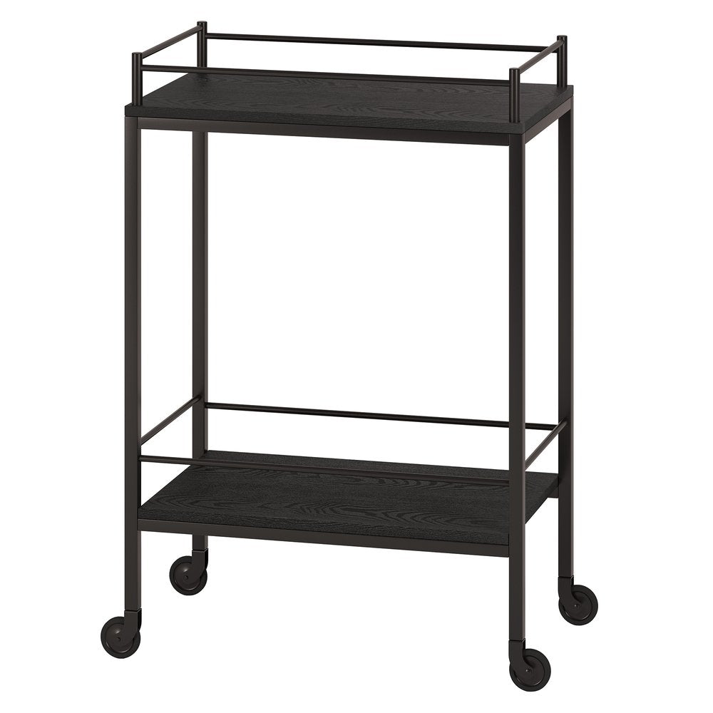 23" Black Steel and Wood Rolling Bar Cart
