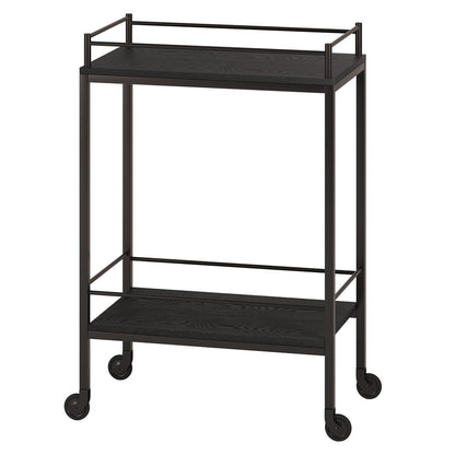 23" Black Steel and Wood Rolling Bar Cart