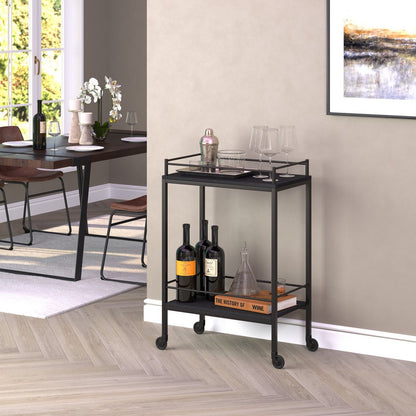 23" Black Steel and Wood Rolling Bar Cart