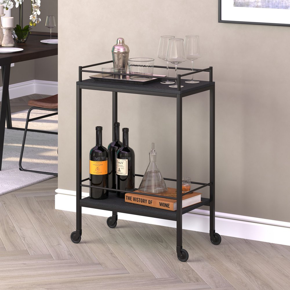23" Black Steel and Wood Rolling Bar Cart