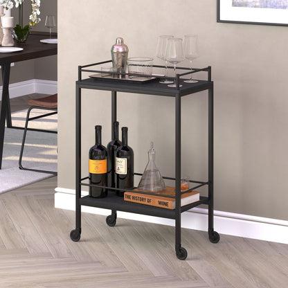 23" Black Steel and Wood Rolling Bar Cart