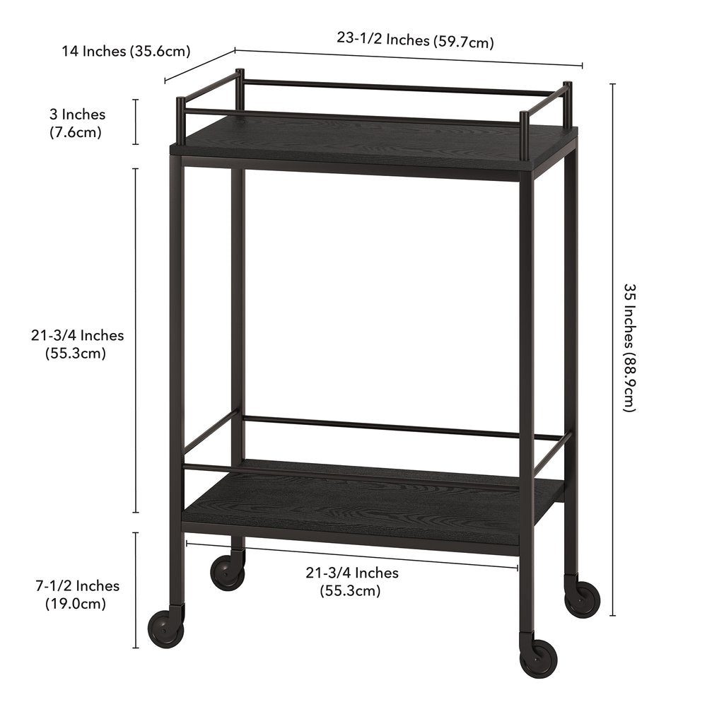 23" Black Steel and Wood Rolling Bar Cart