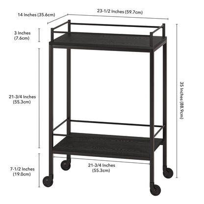23" Black Steel and Wood Rolling Bar Cart