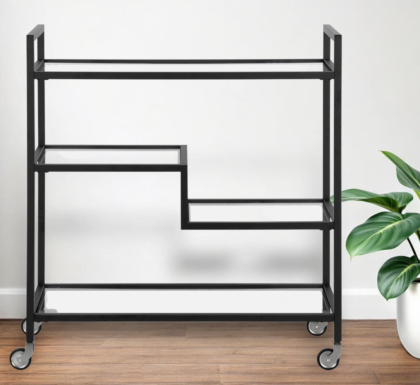 Black Steel And Glass Rolling Bar Cart