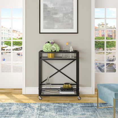 Black Steel And Glass Rolling Bar Cart