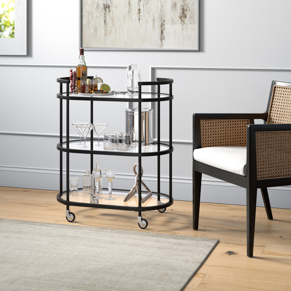 Black Steel And Glass Oval Rolling Bar Cart