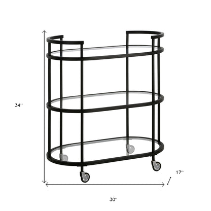 Black Steel And Glass Oval Rolling Bar Cart