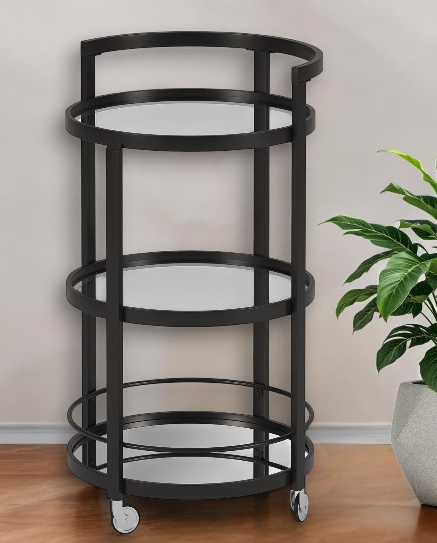 Black Steel And Glass Round Rolling Bar Cart