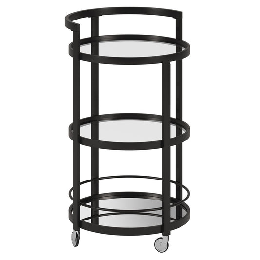 21" Black Steel and Glass Round Rolling Bar Cart