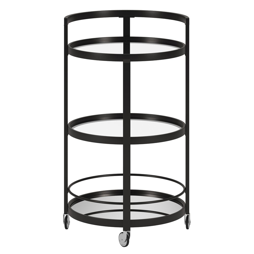 21" Black Steel and Glass Round Rolling Bar Cart