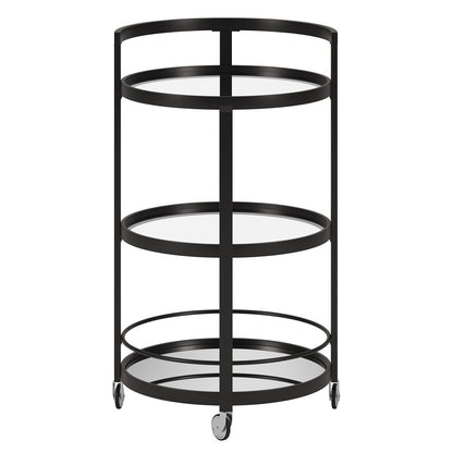 21" Black Steel and Glass Round Rolling Bar Cart
