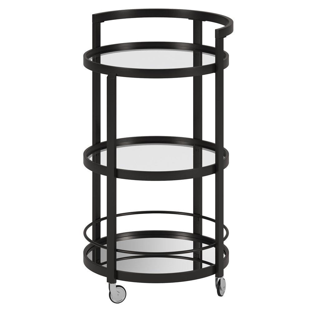 21" Black Steel and Glass Round Rolling Bar Cart