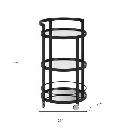 Black Steel And Glass Round Rolling Bar Cart