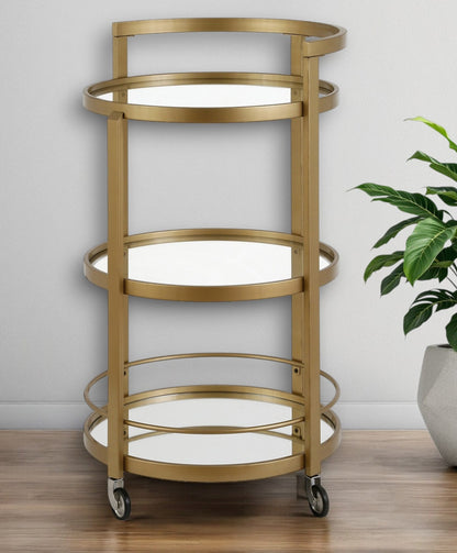 Brass Steel And Glass Round Rolling Bar Cart