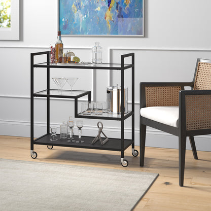 Black Steel And Glass Rolling Bar Cart