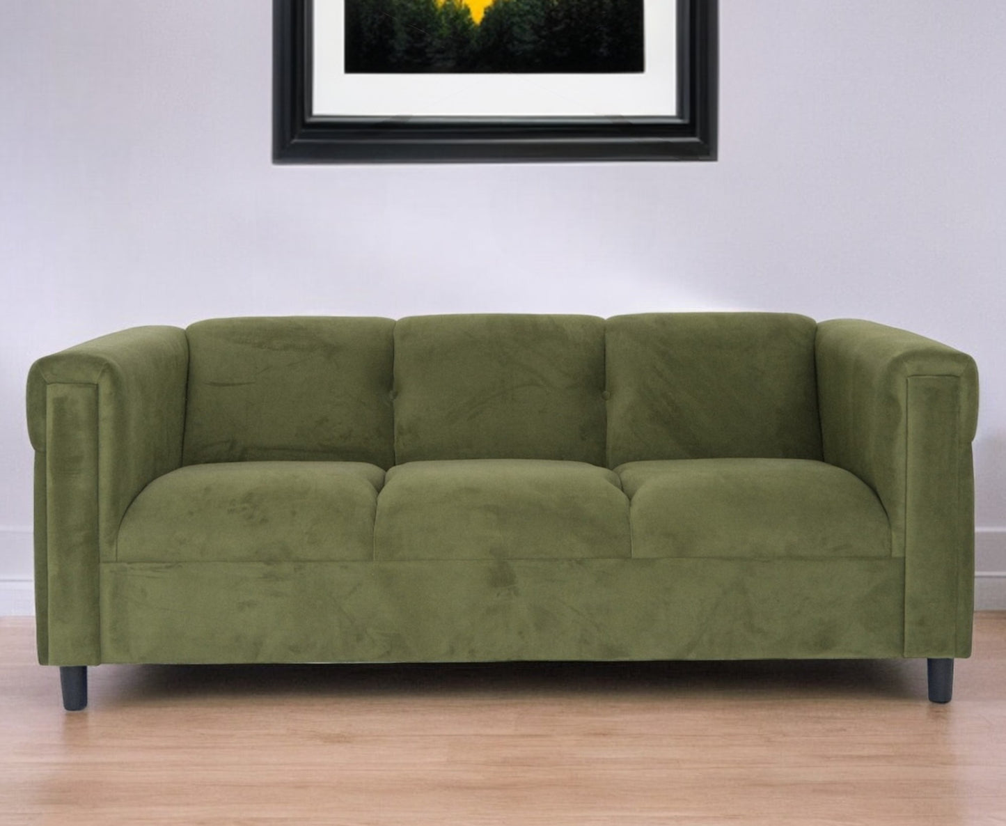 72" Moss Green Suede Sofa With Black Legs