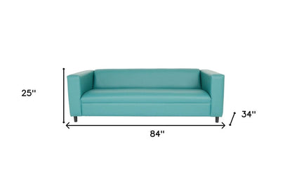 84" Green and White Faux Leather Geometric Sofa With Black Legs