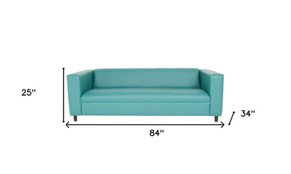84" Green and White Faux Leather Geometric Sofa With Black Legs