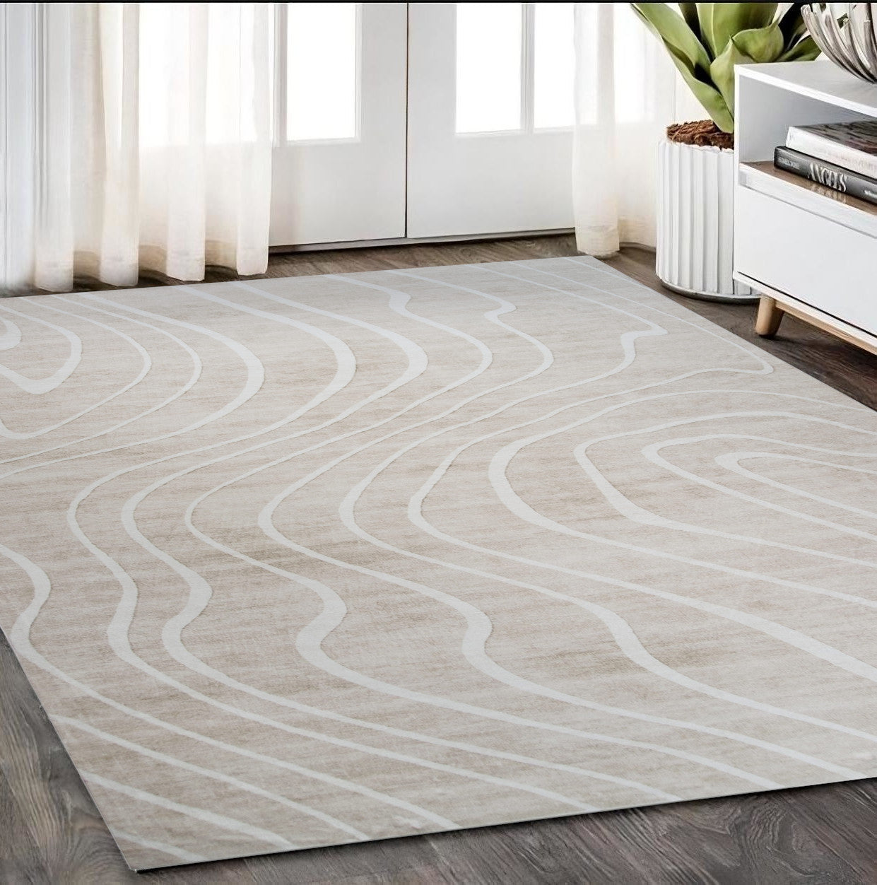 5' X 8' Beige and Ivory Abstract Distressed Area Rug