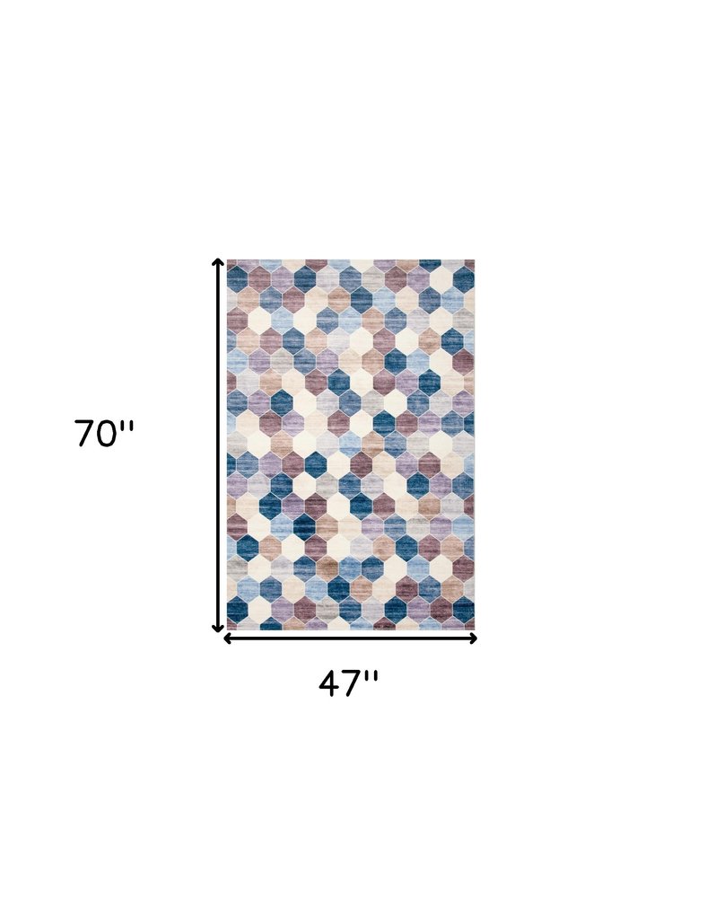 4' X 6' Ivory and Blue Geometric Distressed Area Rug