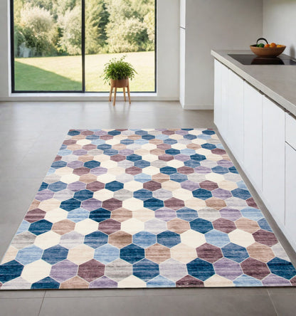 4' X 6' Ivory and Blue Geometric Distressed Area Rug