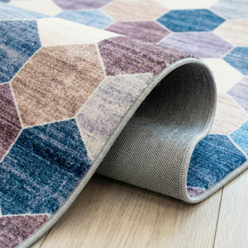 4' X 6' Ivory and Blue Geometric Distressed Area Rug