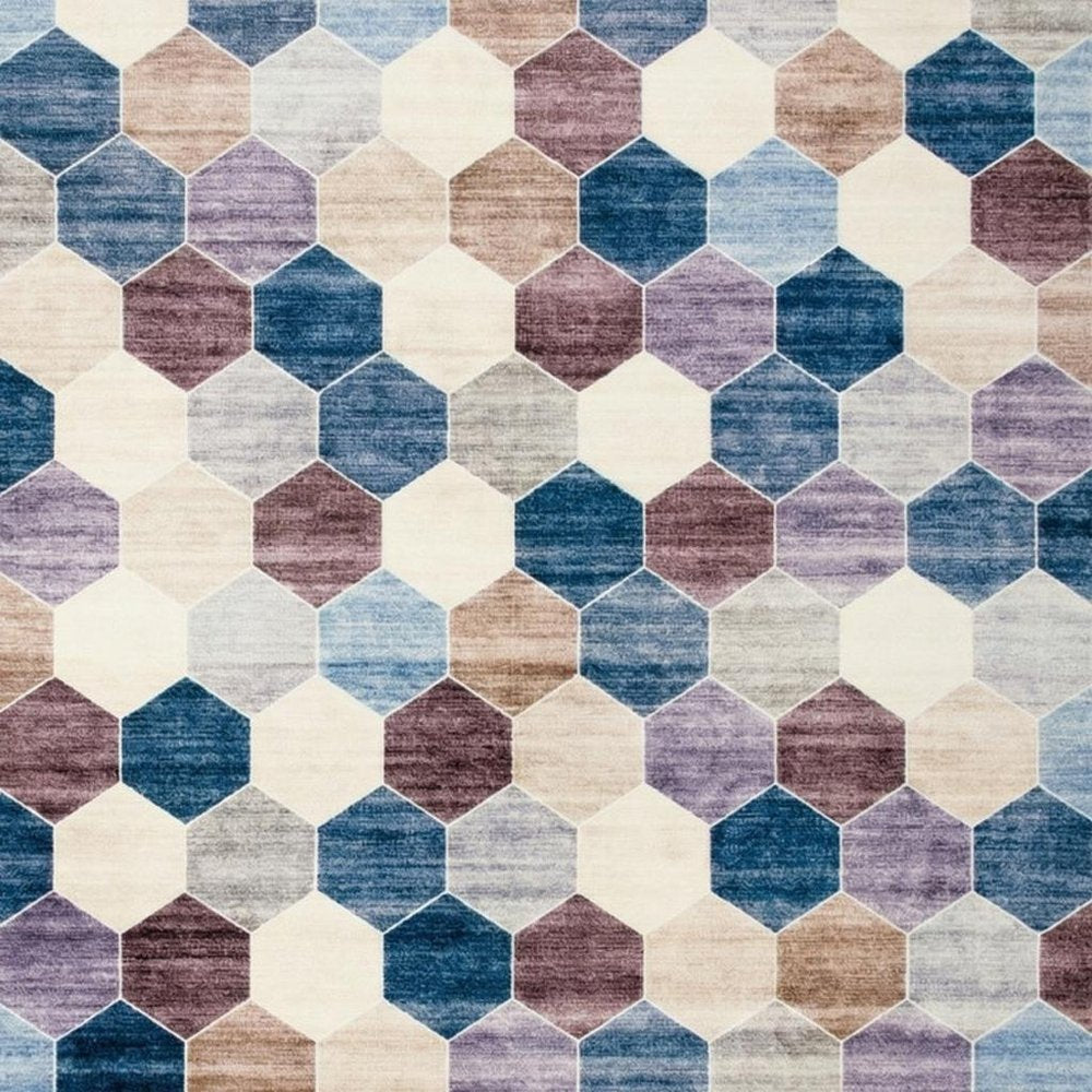 4' X 6' Ivory and Blue Geometric Distressed Area Rug
